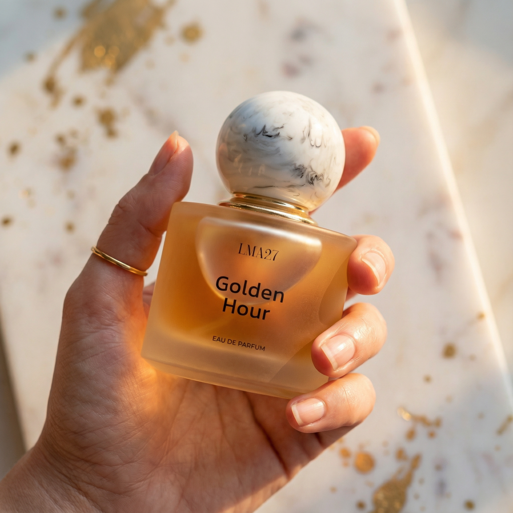Hand holding LMA27 Golden Hour eau de parfum bottle in a close-up photo with warm natural light