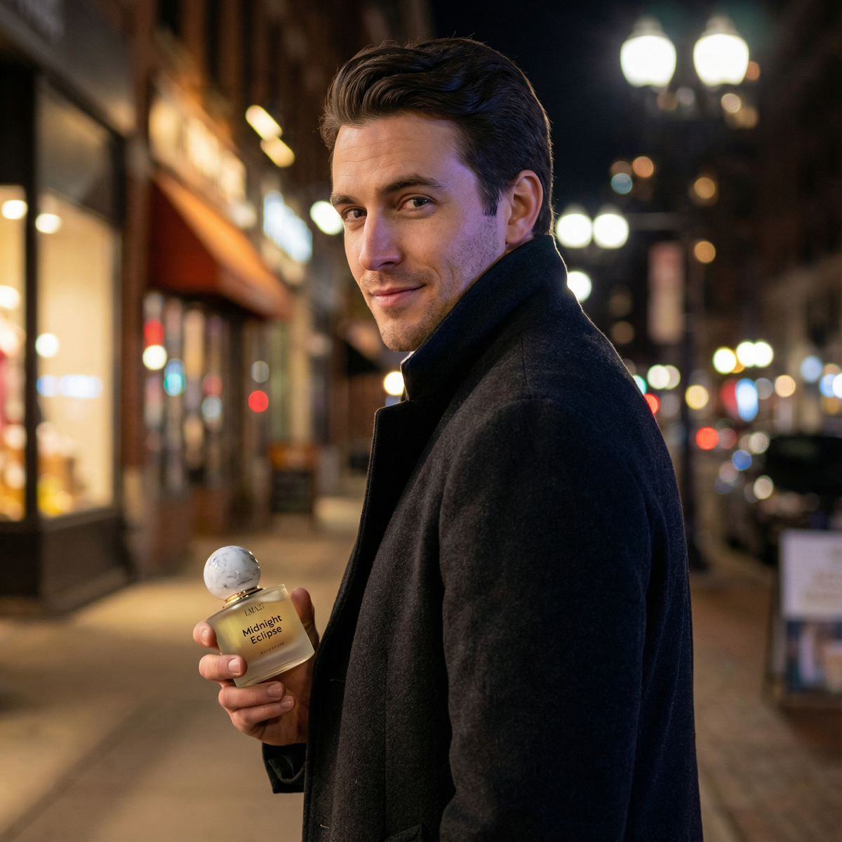 Man holding LMA27 Midnight Eclipse eau de parfum bottle on a city street at night with blurred lights