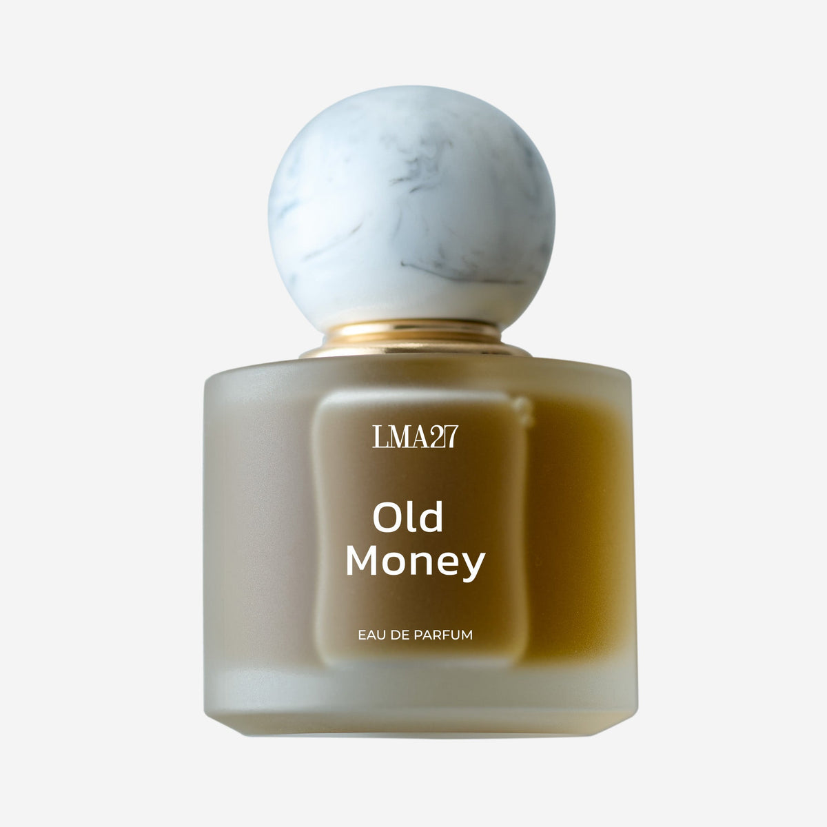 Old Money Eau de Parfum by LMA27 in a frosted glass bottle with marble cap, a luxury niche fragrance inspired by quiet elegance and timeless sophistication.