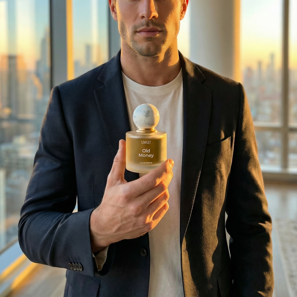 Man holding LMA27 Old Money perfume bottle with city skyline in warm sunset light