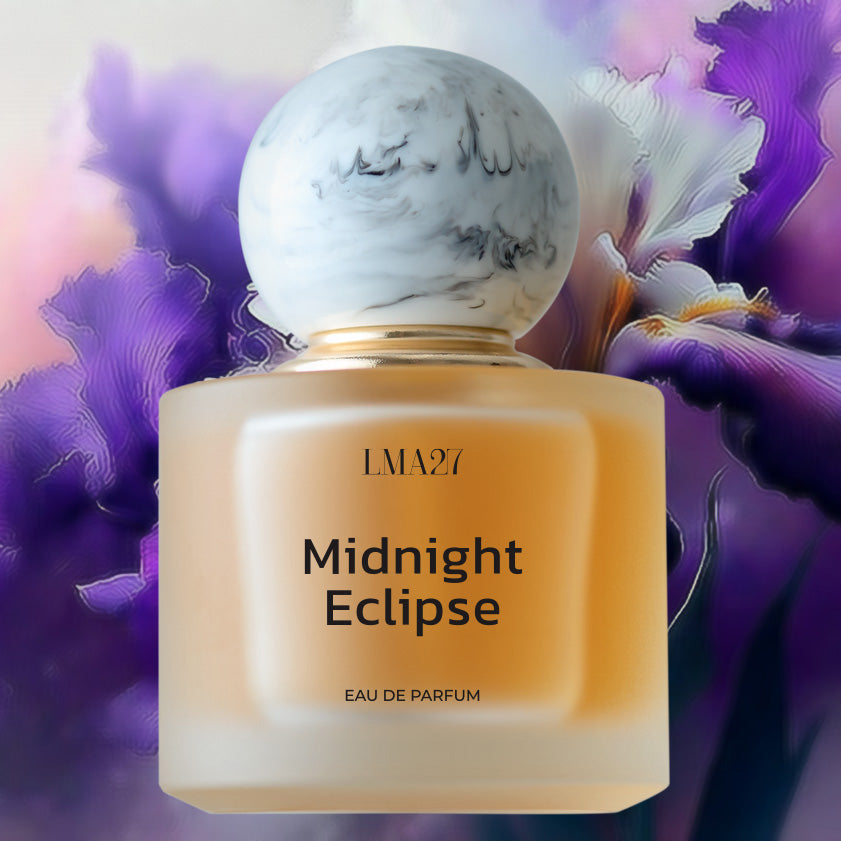 Perfume bottle labeled 'Midnight Eclipse' with a floral iris background